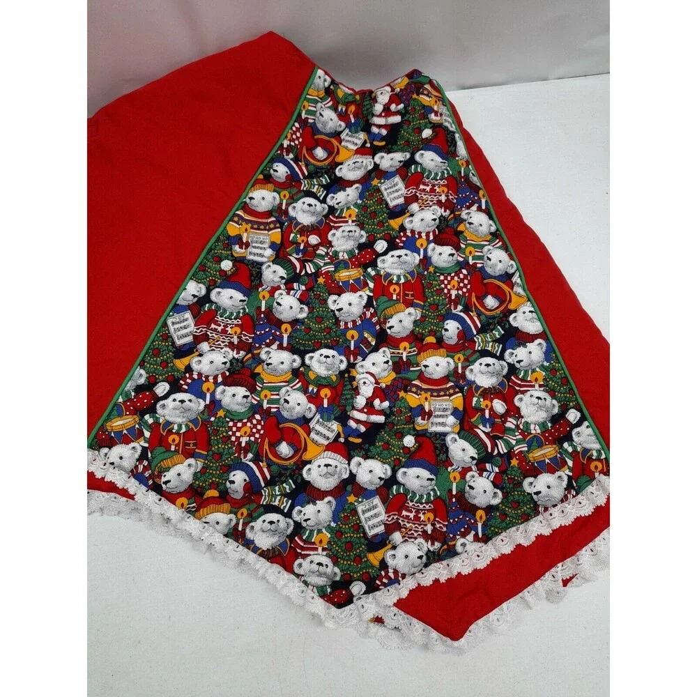 Octagonal Christmas Tree Skirt Red Teddy Bears Chorus Lace Trim Circle Handmade